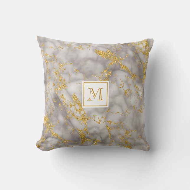 Elegant Grey Marble Monogram Faux Gold Glitter Throw Pillow (Front)