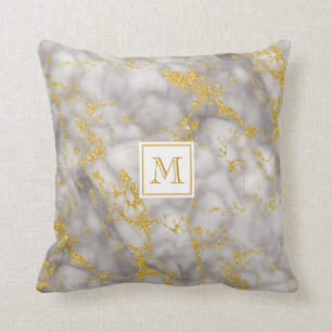 Elegant Grey Marble Monogram Faux Gold Glitter Throw Pillow