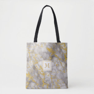 Elegant Grey Marble Monogram Faux Gold Glitter Tote Bag
