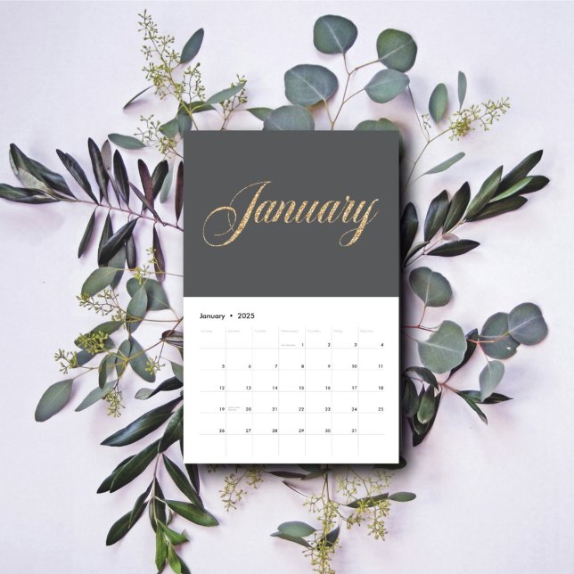 Elegant Grey Minimalist| Gold Script Letters Calendar (Creator Uploaded)