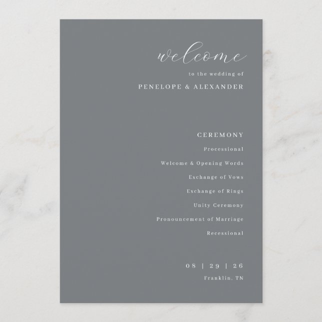 Elegant Grey Minimalist Wedding Ceremony Program (Front)