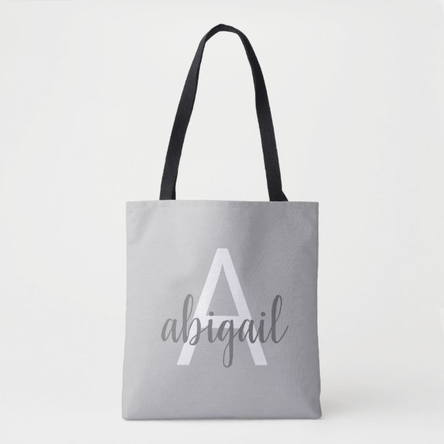 Elegant Grey Modern Monogram Name Tote Bag (Front)