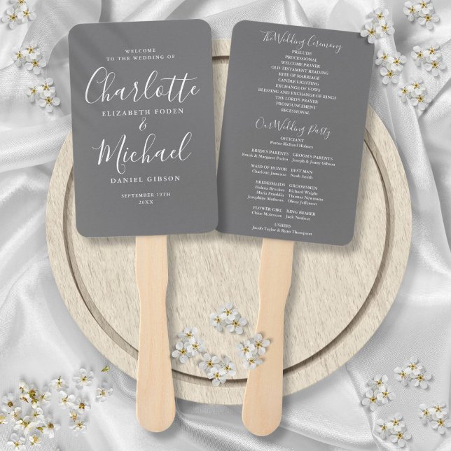 Elegant Grey Modern Script Wedding Program Hand Fan (Elegant Gray Modern Script Wedding Program Hand Fan)