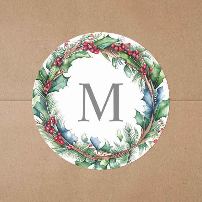 Elegant Grey Monogram Initial Christmas Wreath Classic Round Sticker (Creator Uploaded)
