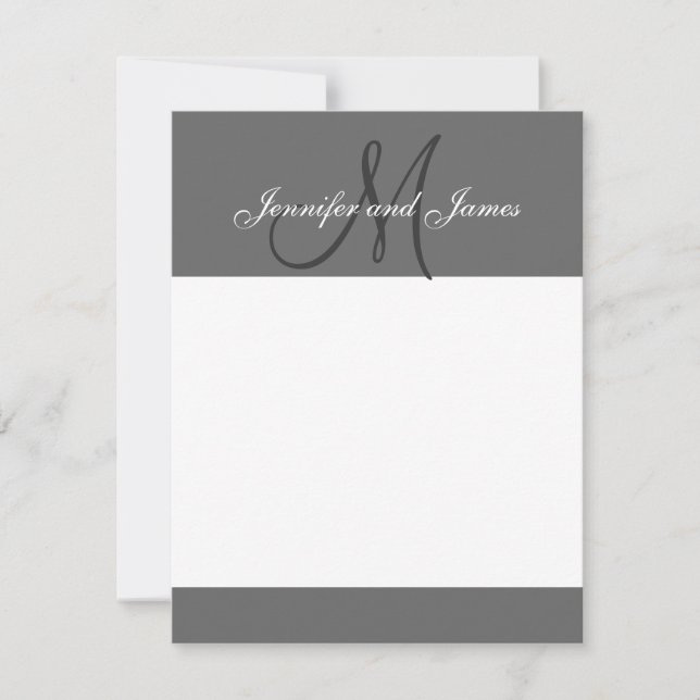 Elegant Grey Monogram Names Newly Wed Note Cards (Front)