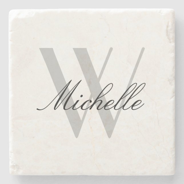 Elegant Grey Monogram Stylish Script Name Stone Coaster (Front)
