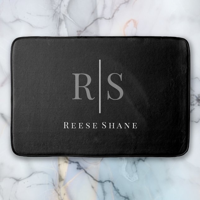 Elegant Grey Monogram & White Name, Black Bath Mat (Creator Uploaded)