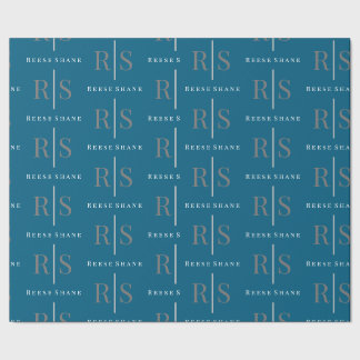 Elegant Grey Monogram & White Name, Blue Wrapping Paper