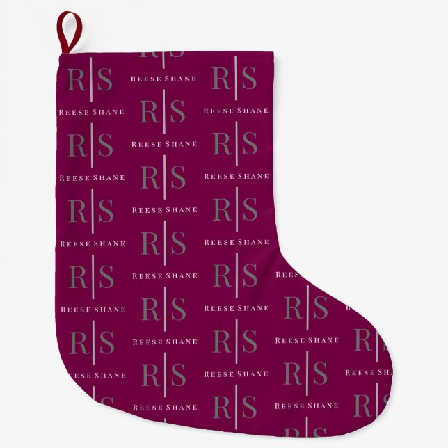 Elegant Grey Monogram & White Name, Maroon Large Christmas Stocking (Front)
