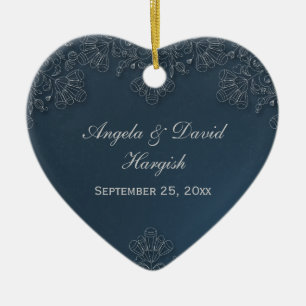 Elegant grey navy floral swirl wedding photo favou ceramic ornament
