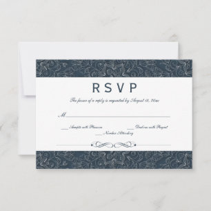 Elegant grey navy floral swirls wedding RSVP card