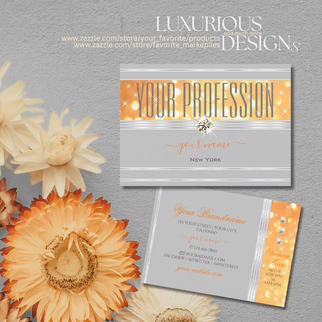Elegant Grey Orange Glitter Silver Border Diamonds Business Card (Creator Uploaded)