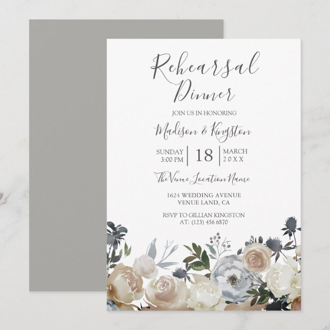 Elegant Grey & Peach Rehearsal Dinner Invite (Front/Back)