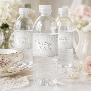Elegant Grey pearl white lace vintage wedding Water Bottle Label