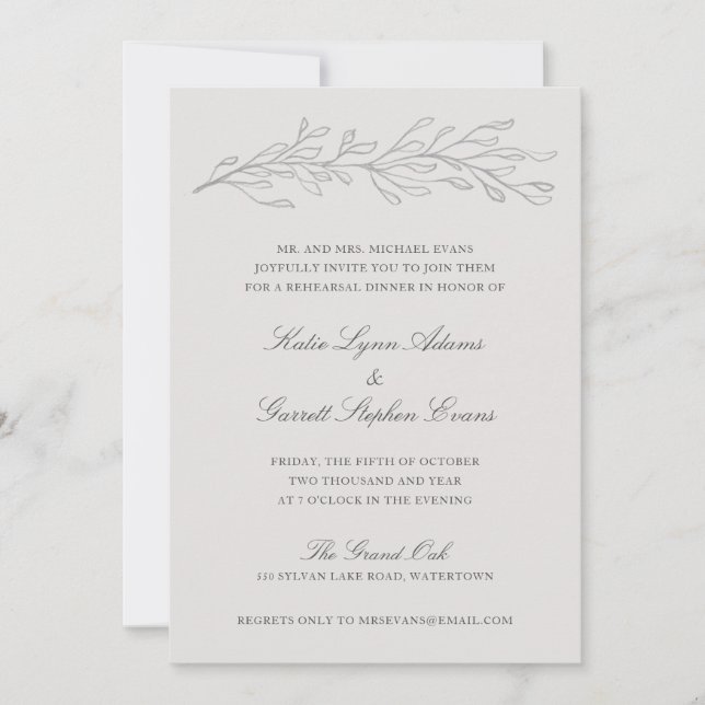 Elegant Grey Pencil Sketch Twig Rehearsal Dinner Invitation (Front)