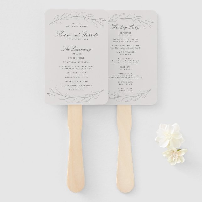 Elegant Grey Pencil Sketch Twigs Wedding Program Hand Fan (Front and Back)