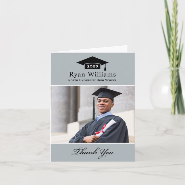 Elegant Grey Personalized Graduation Photo Thank You Card (Front)