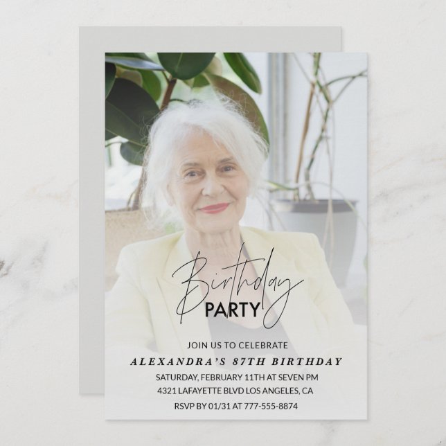 Elegant Grey Photo 87th birthday party Invitation (Front/Back)