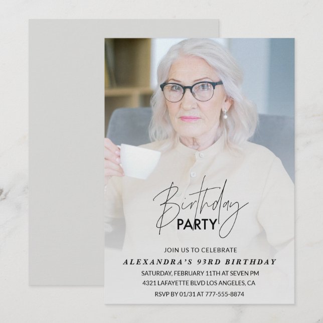 Elegant Grey Photo 93rd birthday party Invitation (Front/Back)