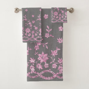 ELEGANT GREY PINK DIAMOND LACE BATHROOM TOWEL SET