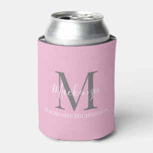 Elegant Grey Pink Personalized Monogram Name Can Cooler