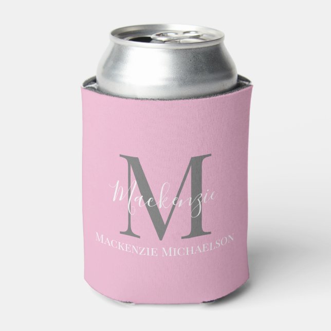 Elegant Grey Pink Personalized Monogram Name  Can Cooler (Can Front)