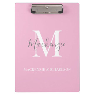 Elegant Grey Pink Personalized Monogram Name Clipboard