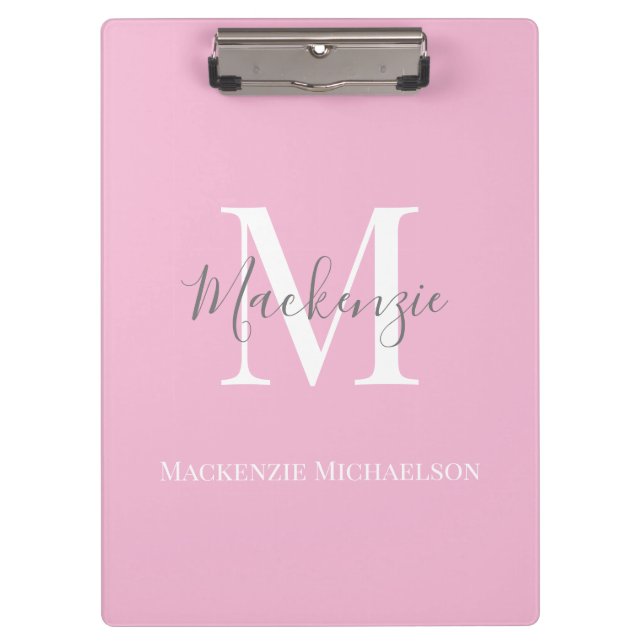 Elegant Grey Pink Personalized Monogram Name  Clipboard (Front)