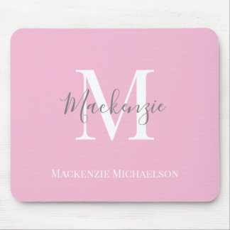 Elegant Grey Pink Personalized Monogram Name Mouse Pad