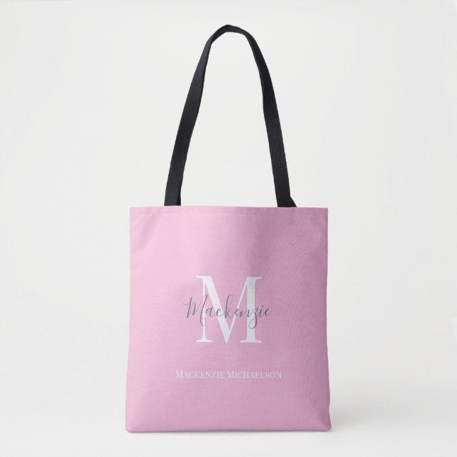Elegant Grey Pink Personalized Monogram Name   Tote Bag (Front)