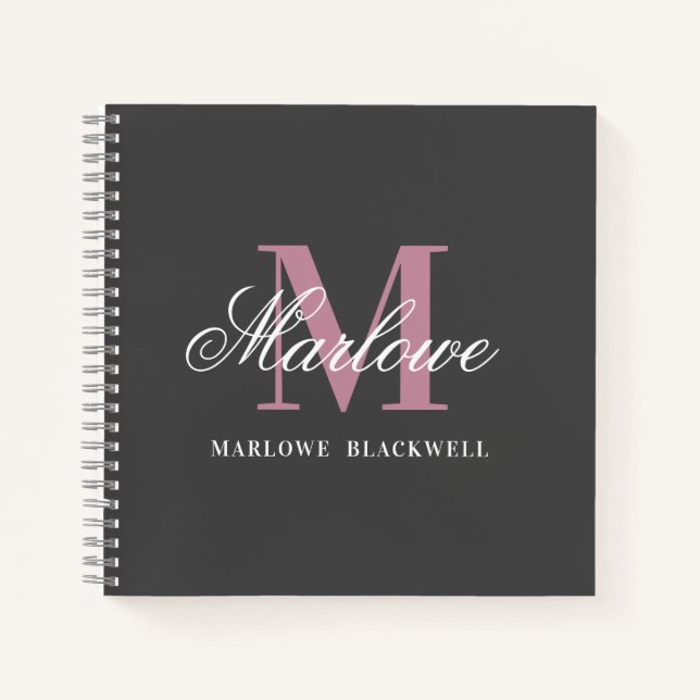 Elegant Grey Pink White Monogram Calligraphy Notebook (Front)