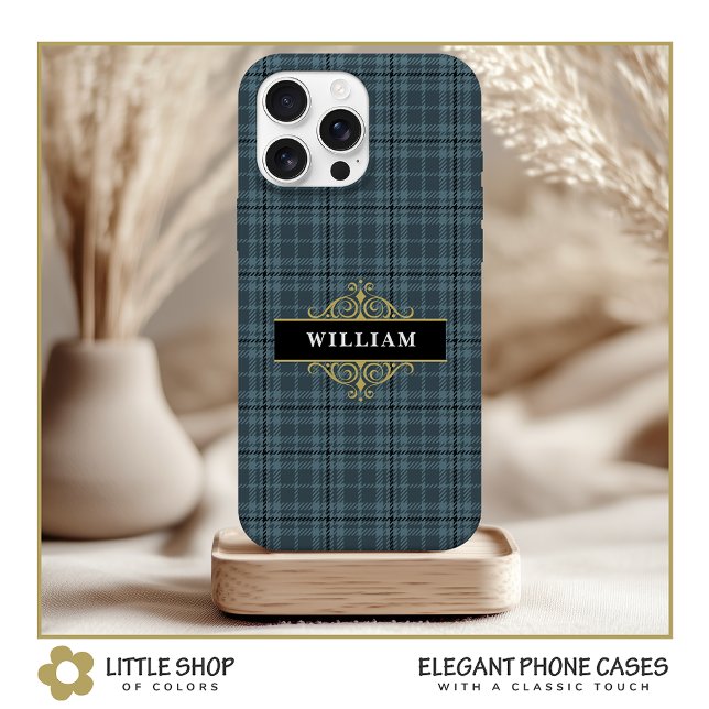 Elegant Grey Plaid Gold Monogram iPhone 15 Case (Creator Uploaded)