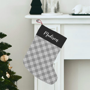 Elegant Grey Plaid Personalized Small Christmas Stocking