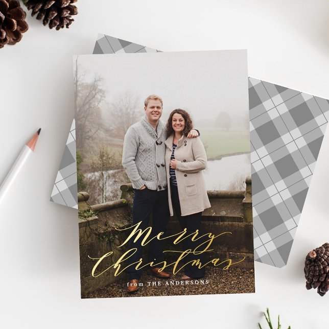Elegant Grey Plaid Photo Foil Holiday Card (Creator Uploaded)