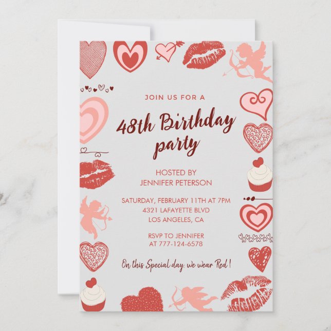 Elegant Grey Red Hearts 48th birthday invitations  (Front)
