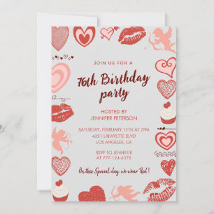 Elegant Grey Red Hearts 76th birthday invitations