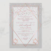 Elegant Grey Rose Gold Confetti Border Bat Mitzvah