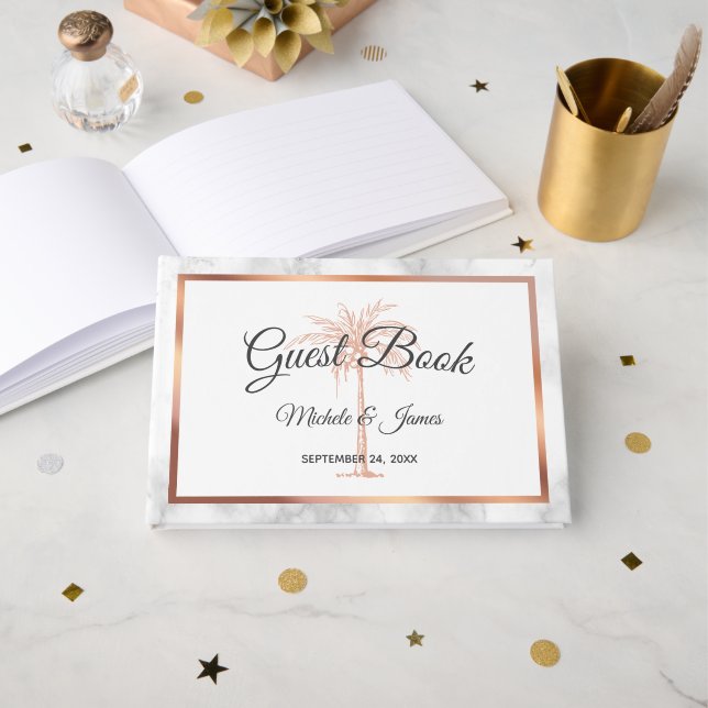Elegant Grey Rose Gold Palm Tree Marble Wedding Guest Book (Front Open)