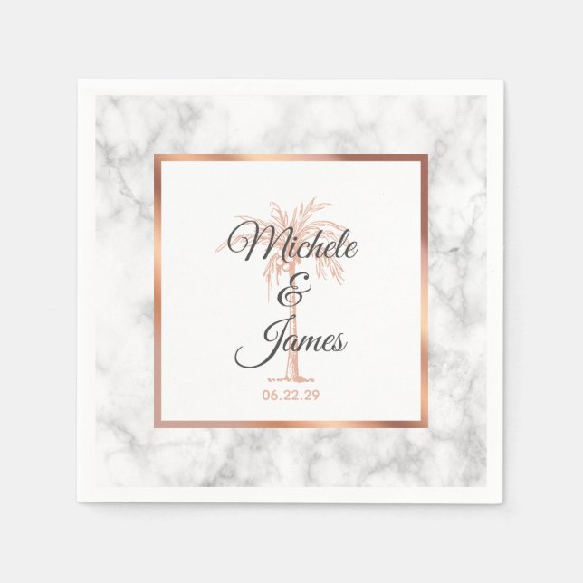 Elegant Grey Rose Gold Palm Tree Marble Wedding Napkin (Front)
