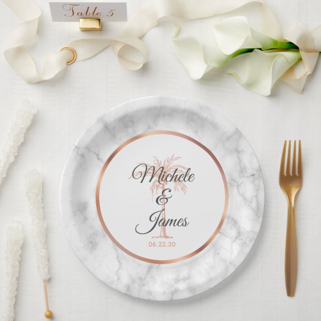 Elegant Grey Rose Gold Palm Tree Marble Wedding Paper Plate (Wedding)