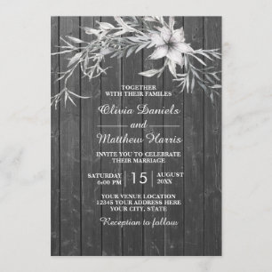 Elegant grey rustic. Floral wedding wood barn Invitation