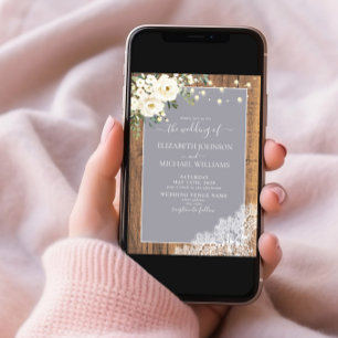 Elegant Grey Rustic Wood Lace Script Wedding Invitation