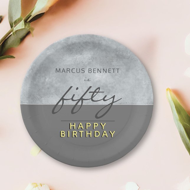 Elegant Grey Script Man 50th Birthday Party Paper Plate (Creator Uploaded)