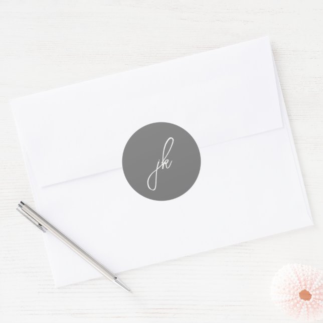 Elegant Grey Script Monogram Wedding Classic Round Sticker (Envelope)
