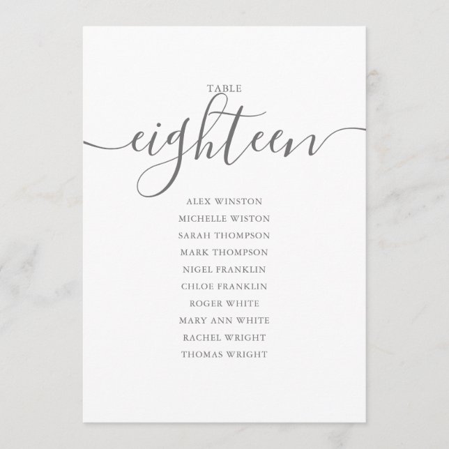 Elegant Grey Script Table Number 18 Seating Chart (Front)
