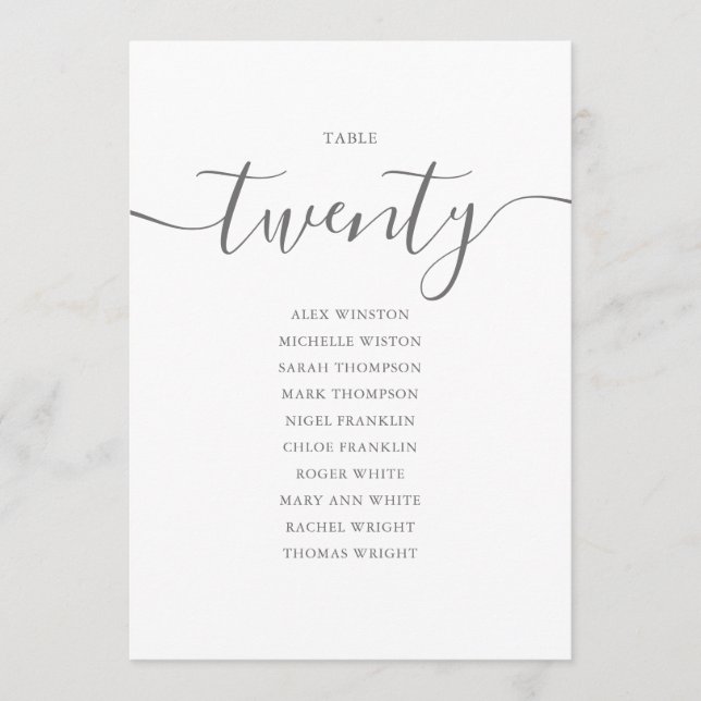 Elegant Grey Script Table Number 20 Seating Chart (Front)