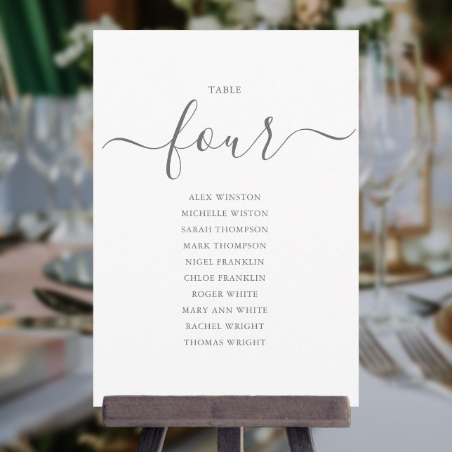 Elegant Grey Script Table Number 4 Seating Chart (Creator Uploaded)