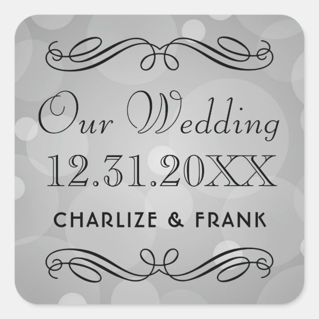 Elegant Grey Scroll Our Wedding Monogram Square Sticker (Front)