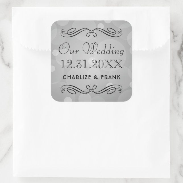 Elegant Grey Scroll Our Wedding Monogram Square Sticker (Bag)