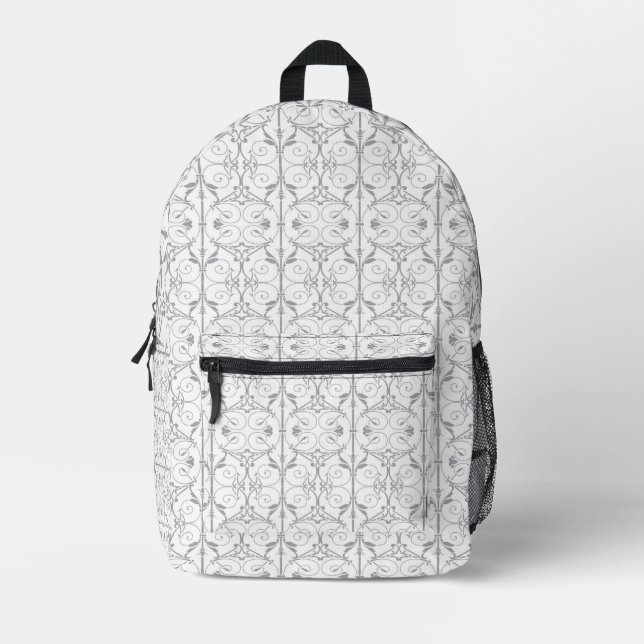 Elegant Grey Scroll Pattern Backpack (Front)
